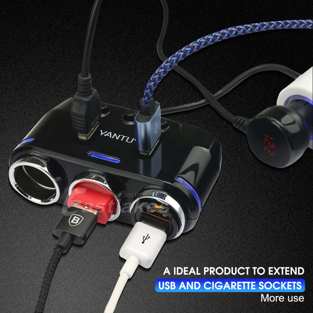 3 Way Car Cigarette Lighter Socket Splitter with Dual USB Ports - Eastlakes Electronics